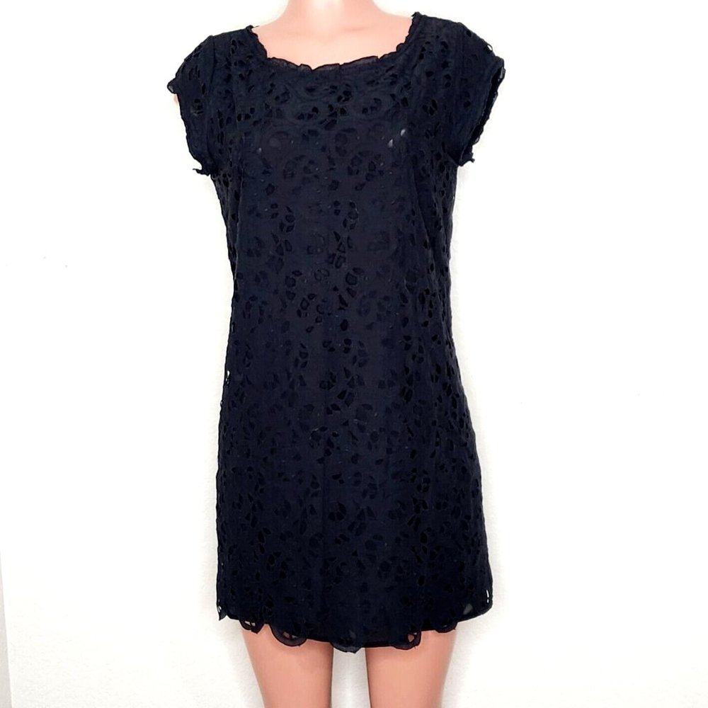 Joie Black Lace Eyelet Shift Dress Relaxed Fit Cotton Cap Sleeves